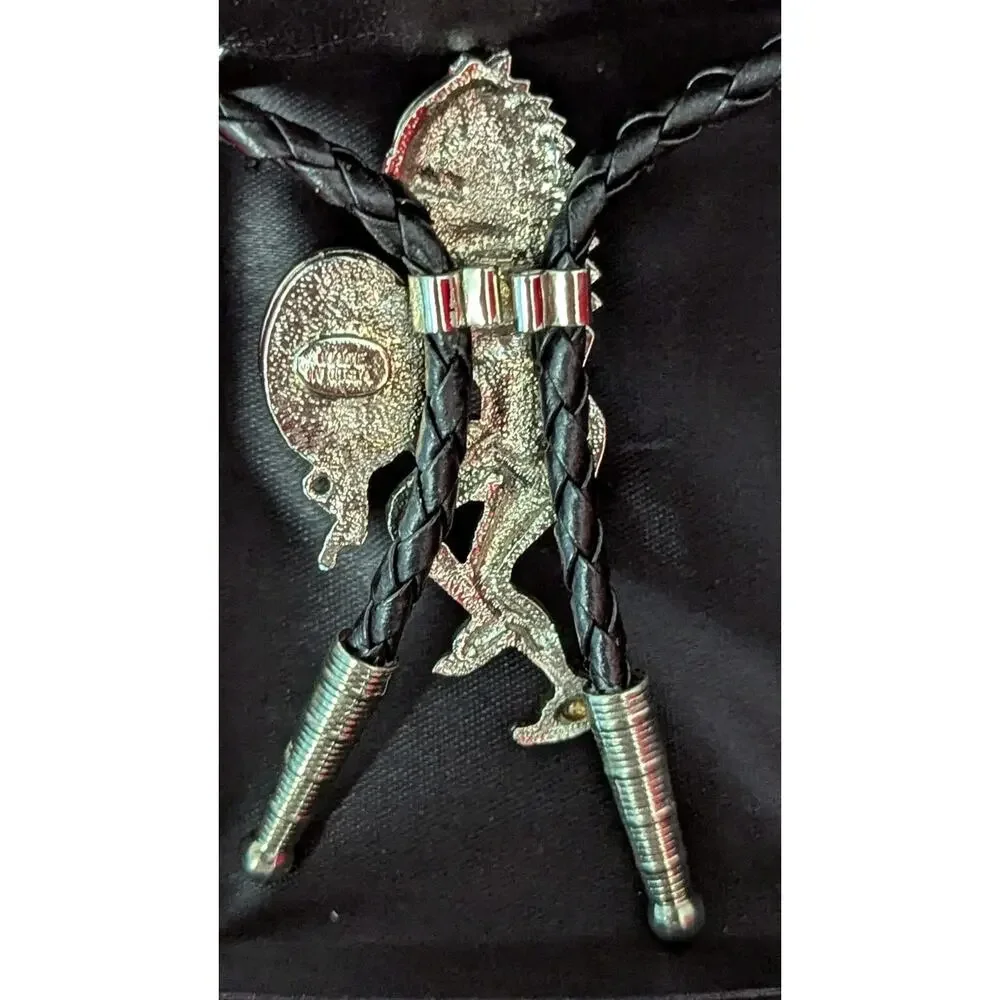 American Indian Warrior With Hatchet Bolo Tie Black Stone Made In USA Silver